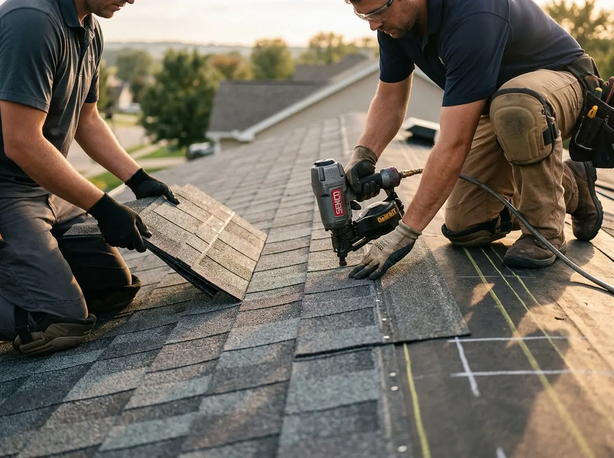 Professional roofer working on a residential roof in June Park